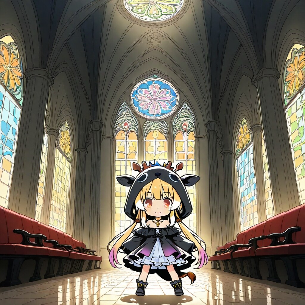 ステンドグラスとキリン着ぐるみちび子ちゃん