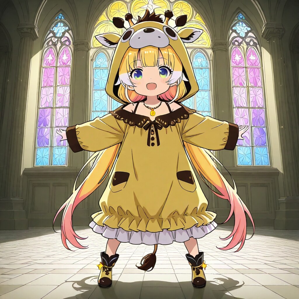 ステンドグラスとキリン着ぐるみちび子ちゃん