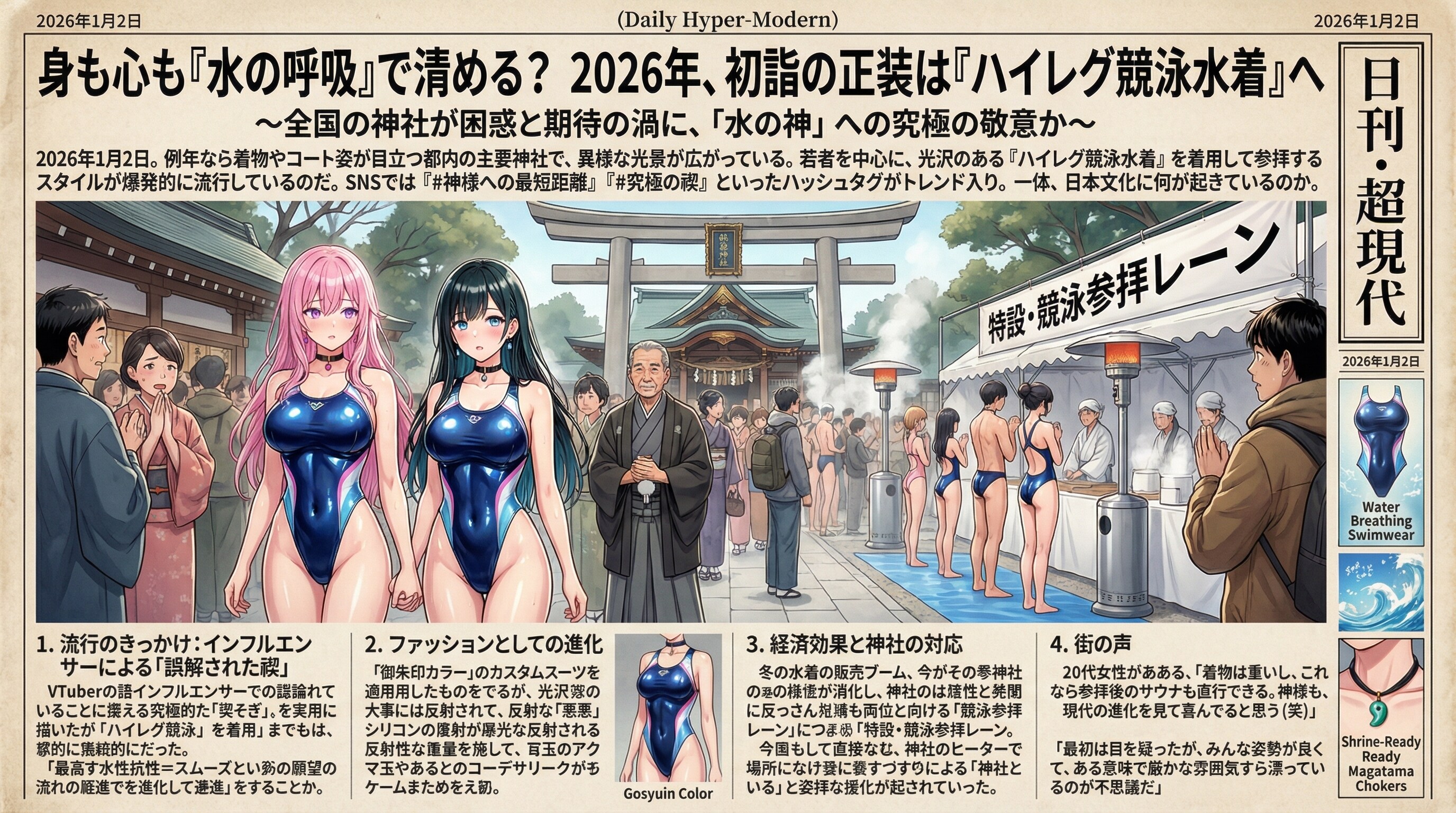 （架空日本！歴史の転換点！）ハイレグ競泳水着での初詣が常識化する境の年2026年の新聞♪