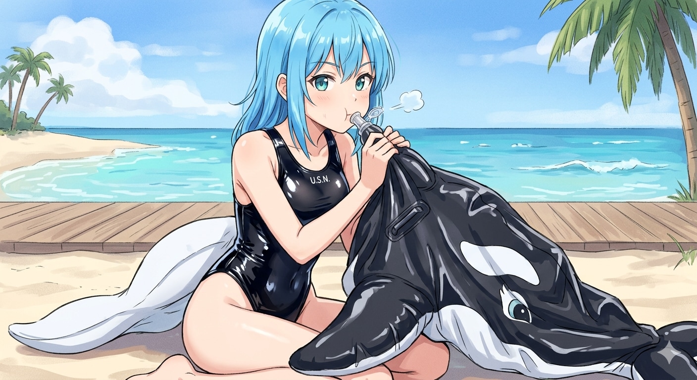 シャチフロートを口で膨らませる