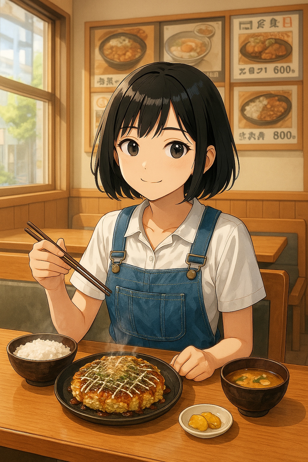 お好み焼き定食を食べている女の子