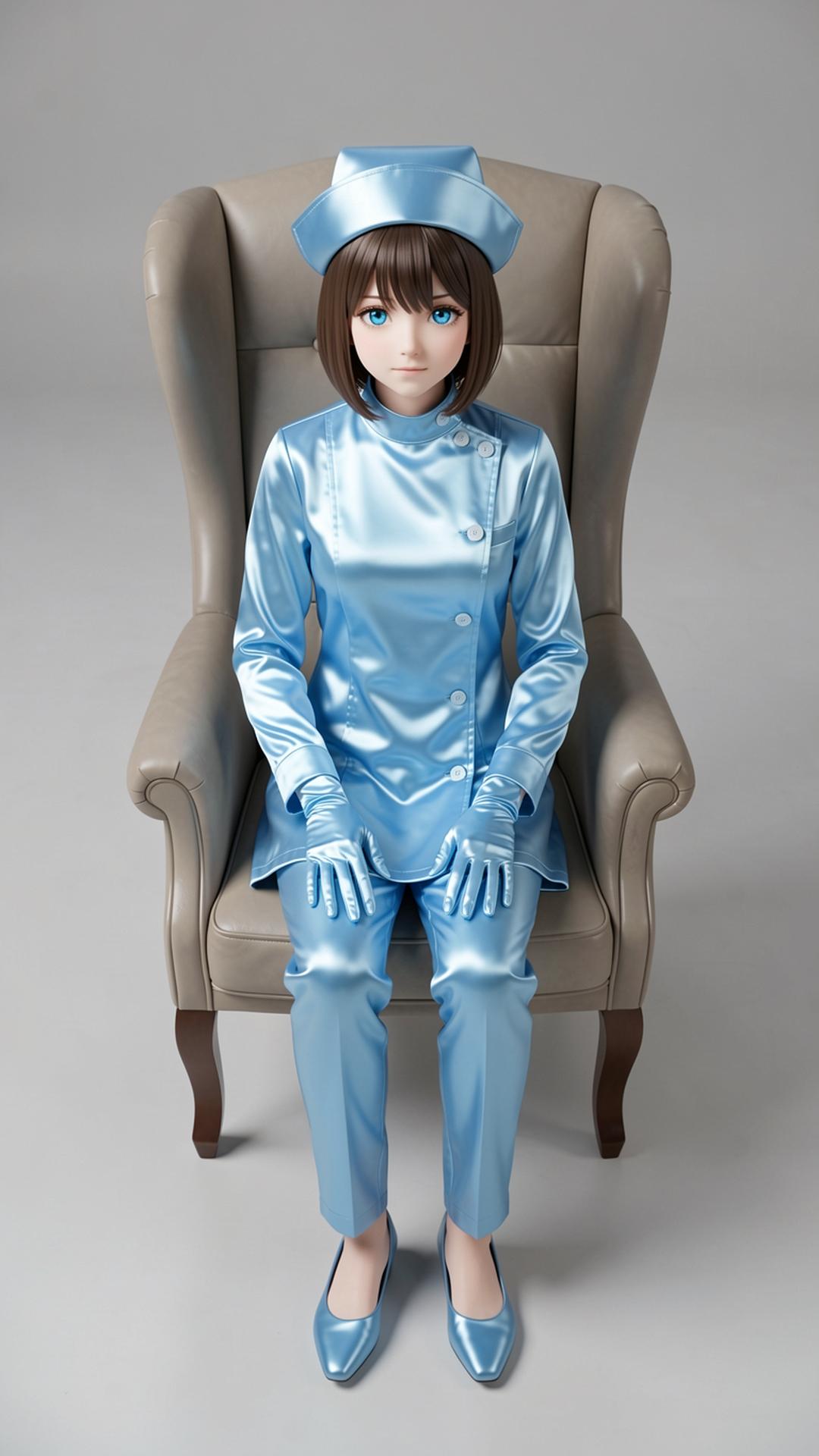 水色サテンナースを着た男の娘
