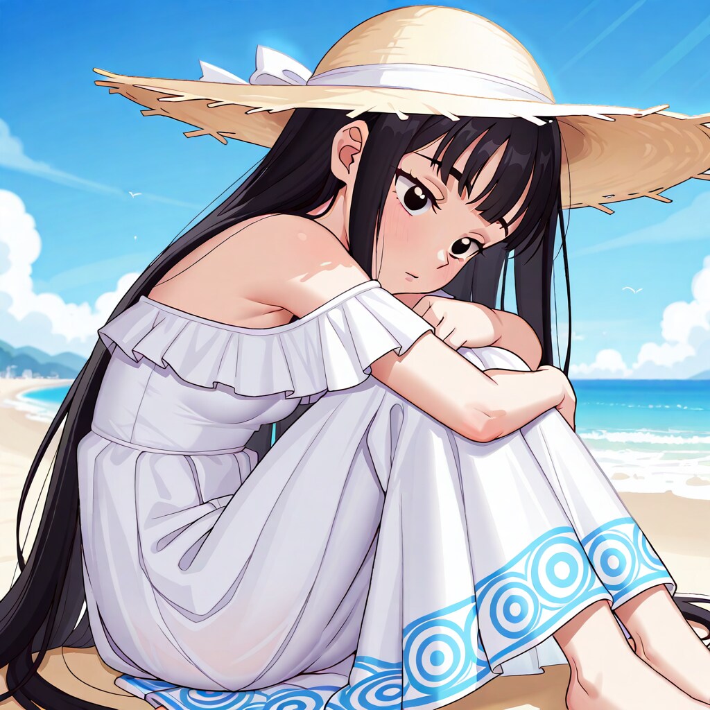 ビーチに座り込む