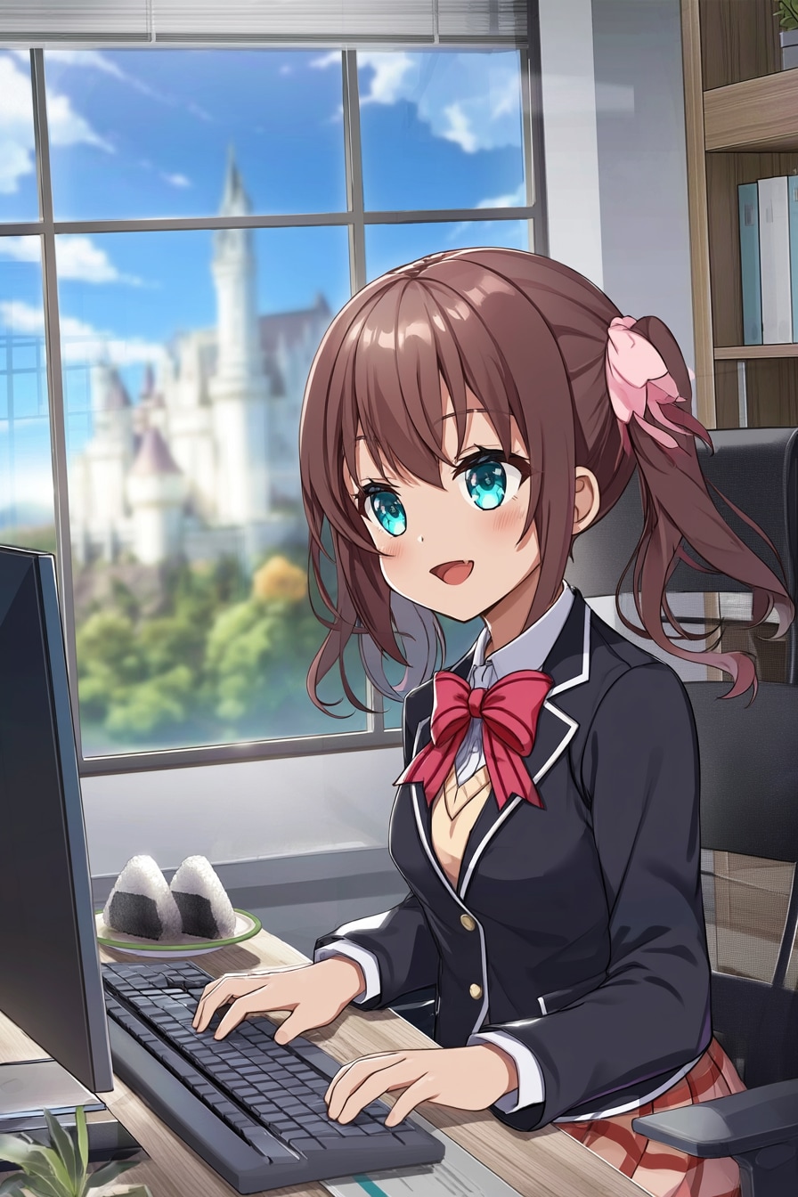 白い城の見えるオフィスで事務作業 | の人気AIイラスト・グラビア