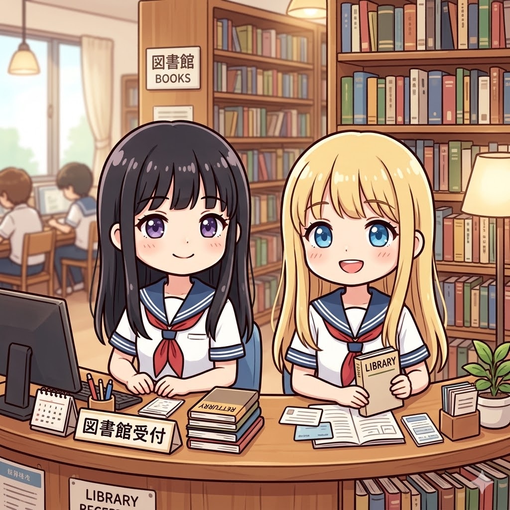 図書館受付 ししょちゃんとちちぷいちゃん