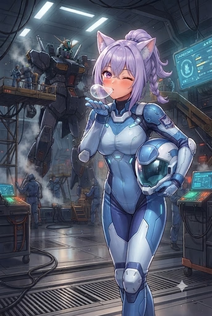 ガムを膨らましながら投げキッスするパイロットスーツのシス