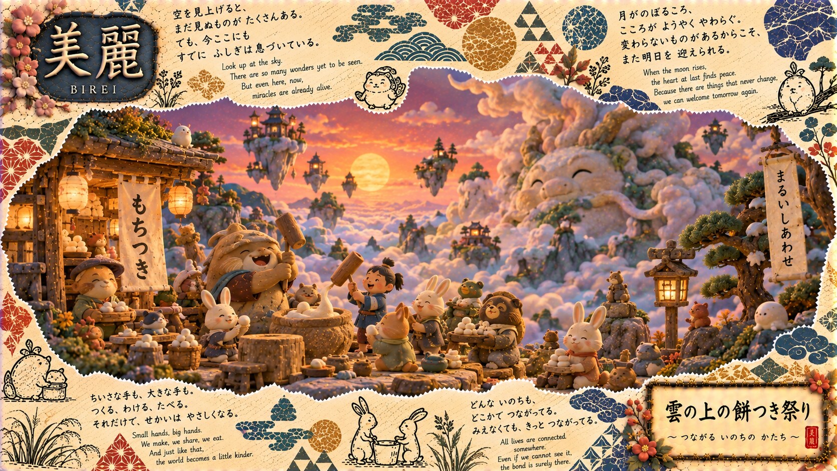 The Mochi-Pounding Festival above the clouds, little creatures pounding rice beneath a rising moon a | の人気AIイラスト・グラビア