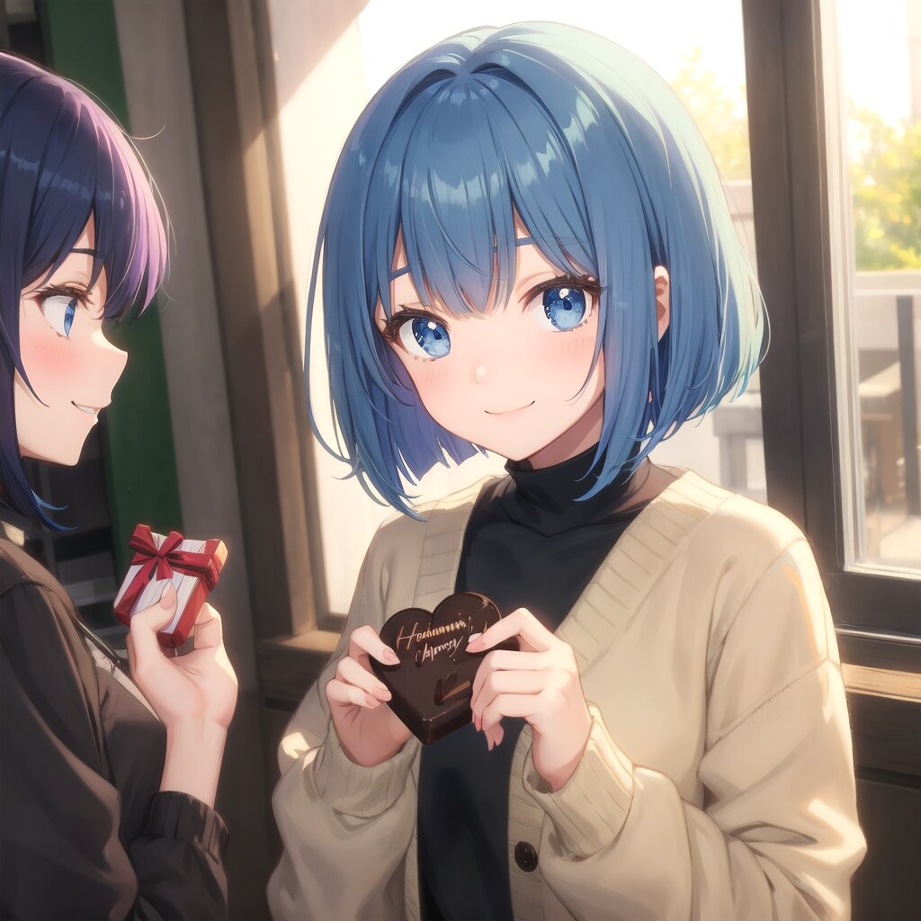 友チョコを手渡す青髪ボブ子ちゃん