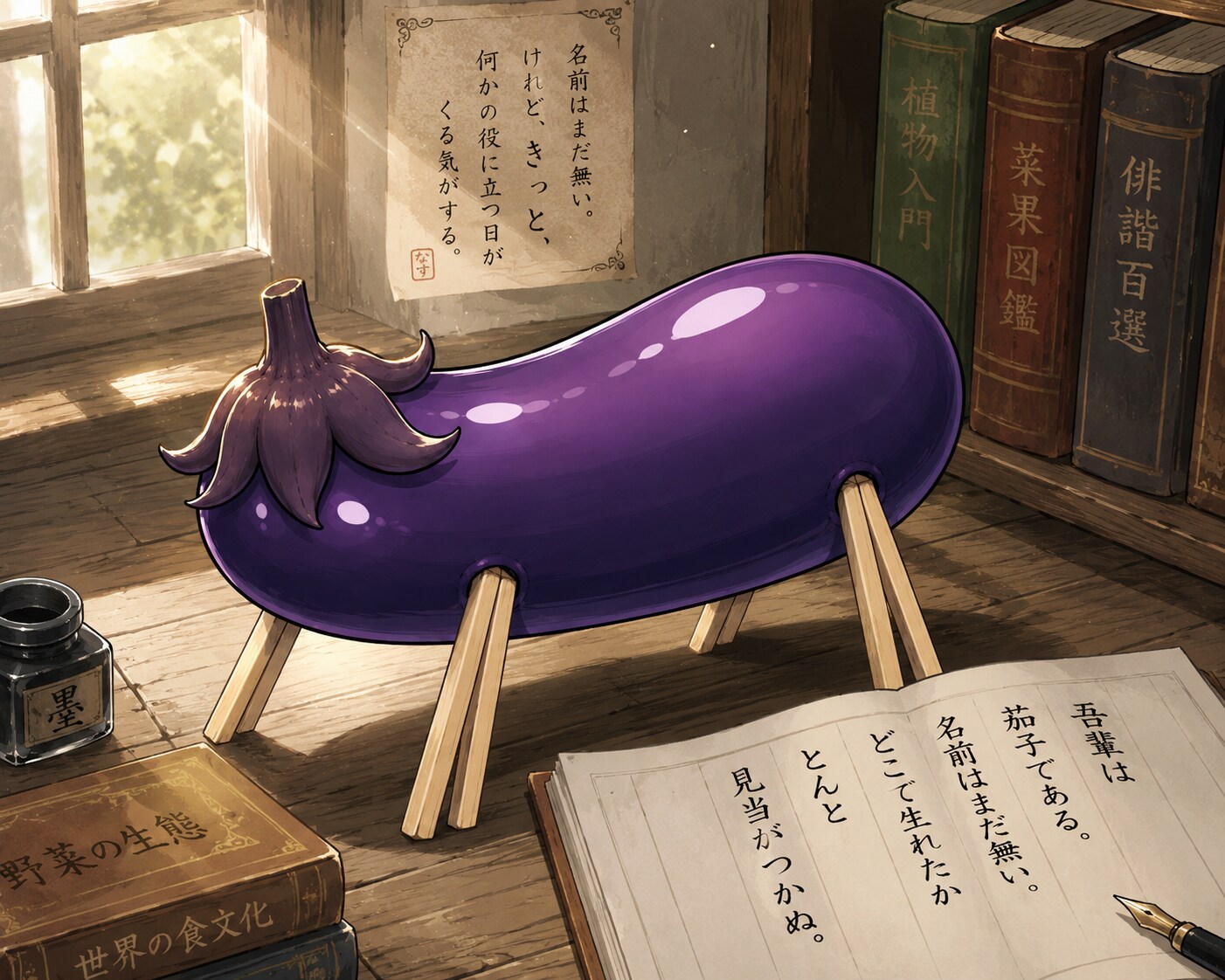 吾輩は茄子である。名前はまだ無い。どこで生れたかとんと見当がつかぬ。
