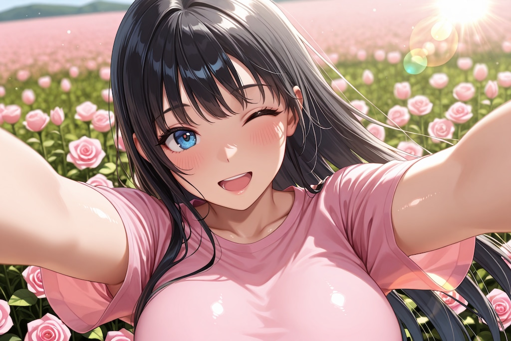 ピンクの薔薇のお花畑で。