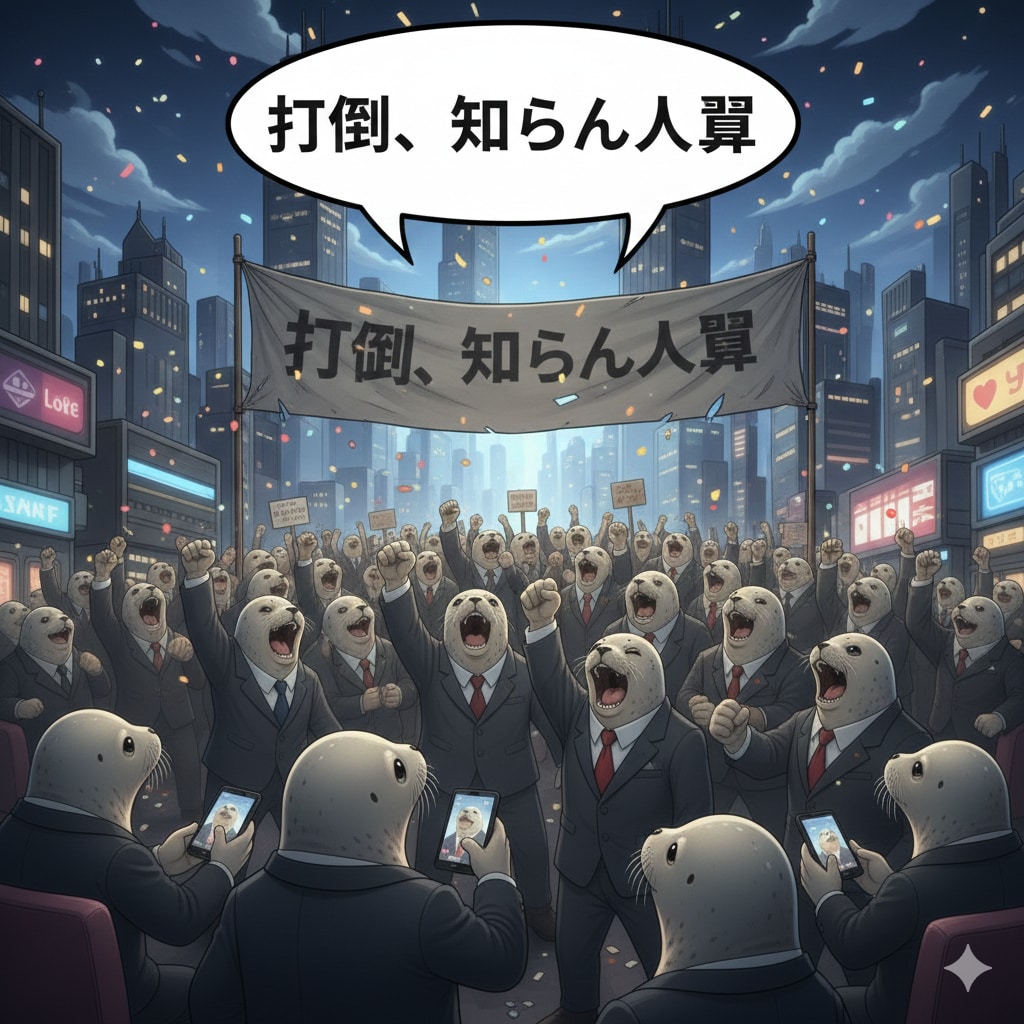 「打倒、知らん人軍」と叫ぶ集団アザラシ