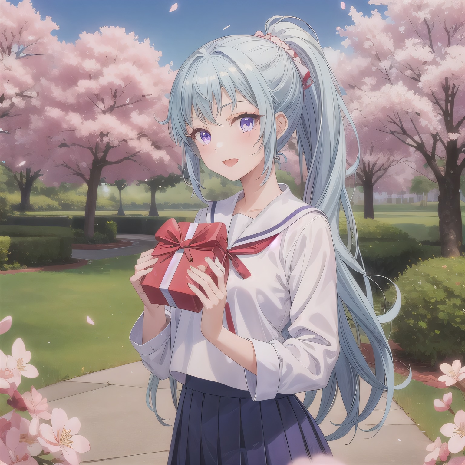 青髪ポニテでセーラー服の少女 | の人気AIイラスト・グラビア