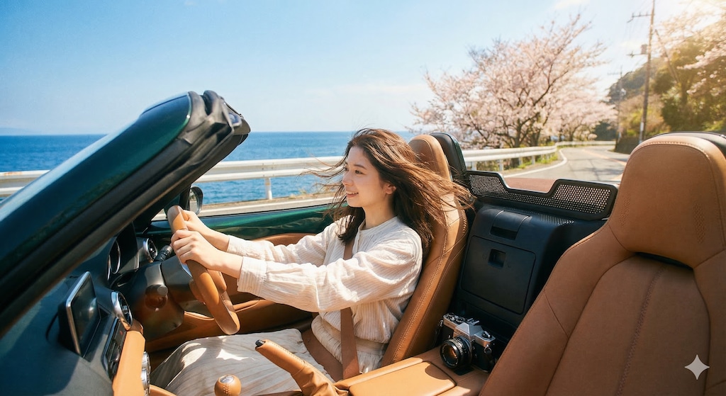 春の海岸線を颯爽とドライブ