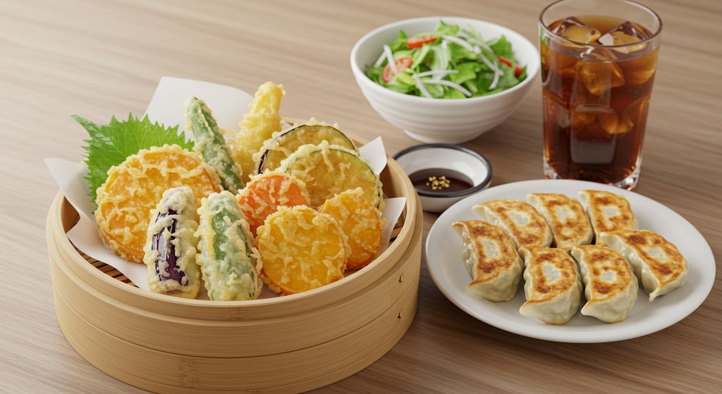 摩訶不思議食堂の野菜中心天麩羅と揚げ餃子とサラダのセット