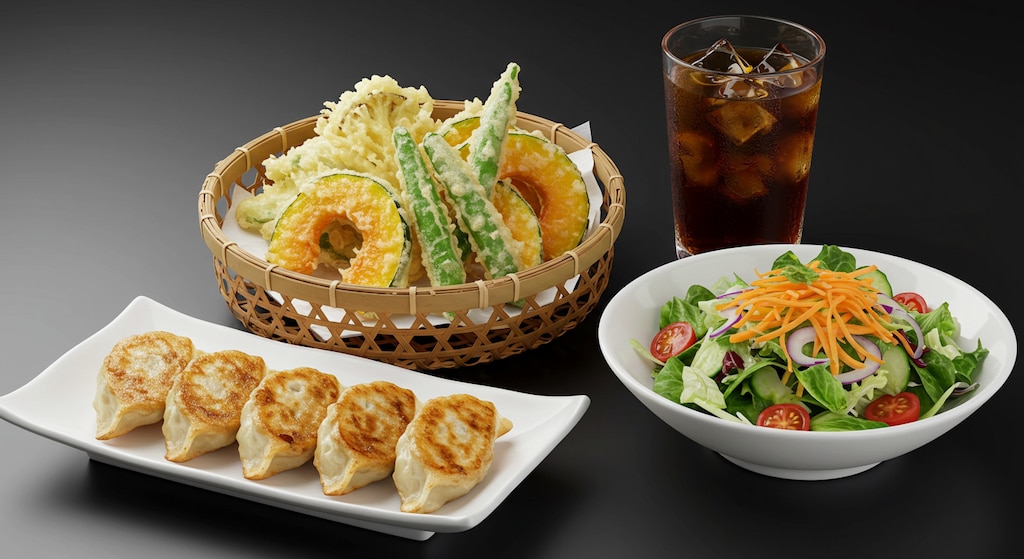 摩訶不思議食堂の野菜中心天麩羅と揚げ餃子とサラダのセット