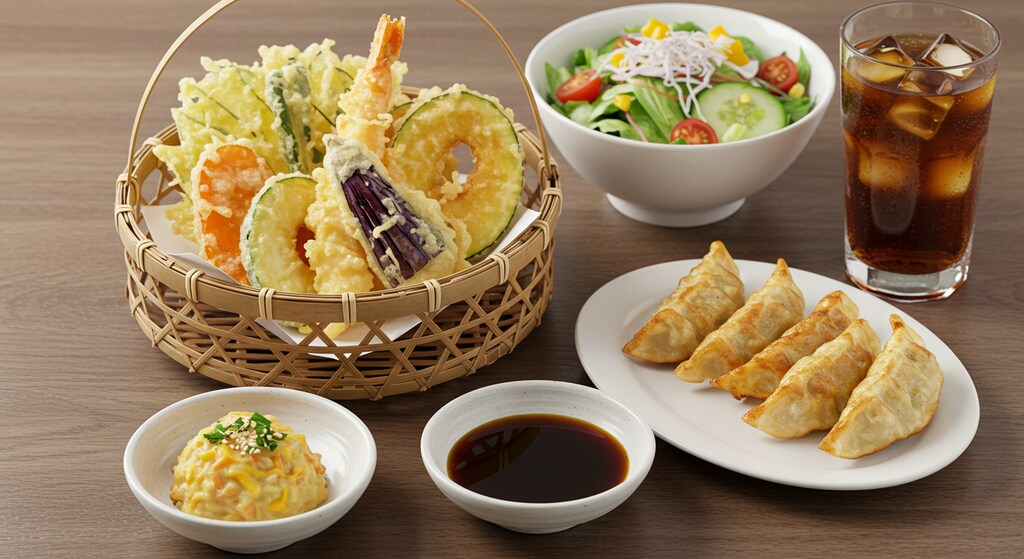 摩訶不思議食堂の野菜中心天麩羅と揚げ餃子とサラダのセット