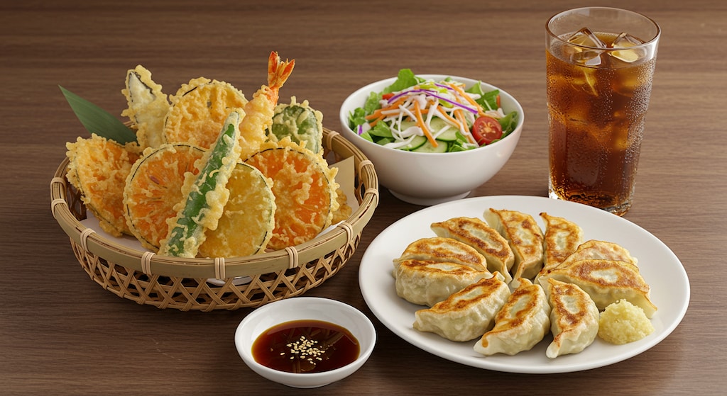 摩訶不思議食堂の野菜中心天麩羅と揚げ餃子とサラダのセット