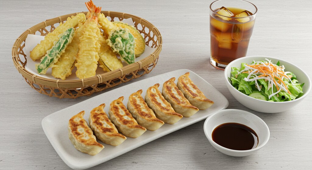 摩訶不思議食堂の野菜中心天麩羅と揚げ餃子とサラダのセット