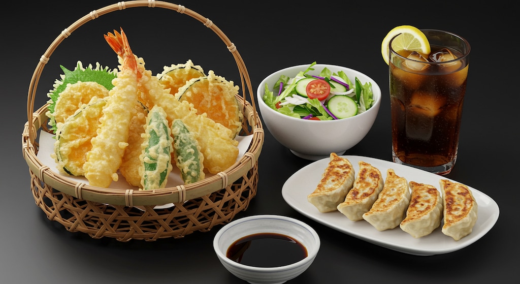 摩訶不思議食堂の野菜中心天麩羅と揚げ餃子とサラダのセット