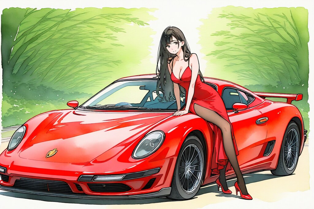 緑の中を走り抜けてゆく真っ赤なポルシェ