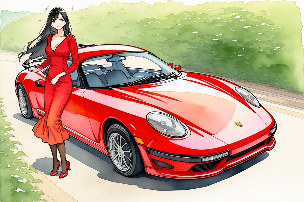 緑の中を走り抜けてゆく真っ赤なポルシェ