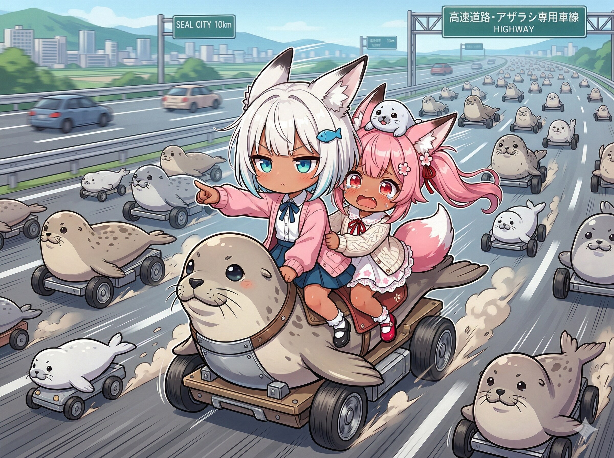 高速道路を疾走するアザラシたち | の人気AIイラスト・グラビア