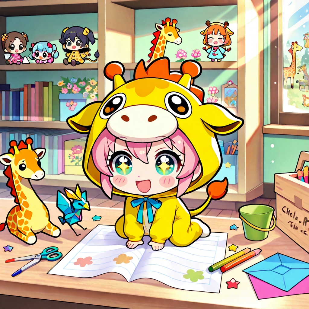 日曜工作を楽しむキリン着ぐるみちび子ちゃん