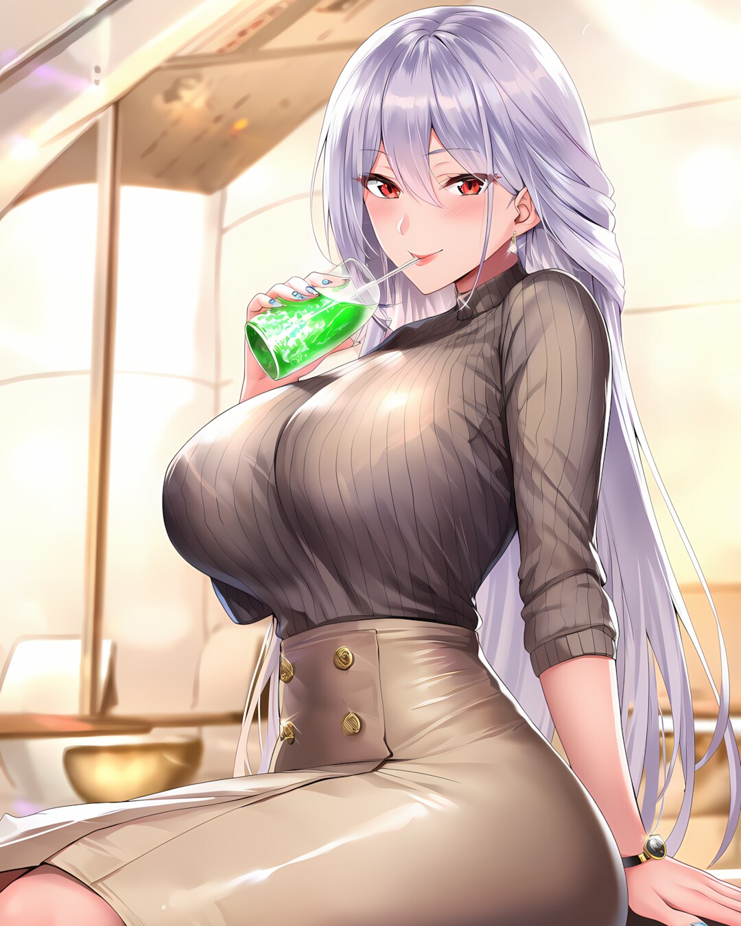 サロン休憩☕️上品リブニットのネイリストお姉さん🌿 | の人気AIイラスト・グラビア