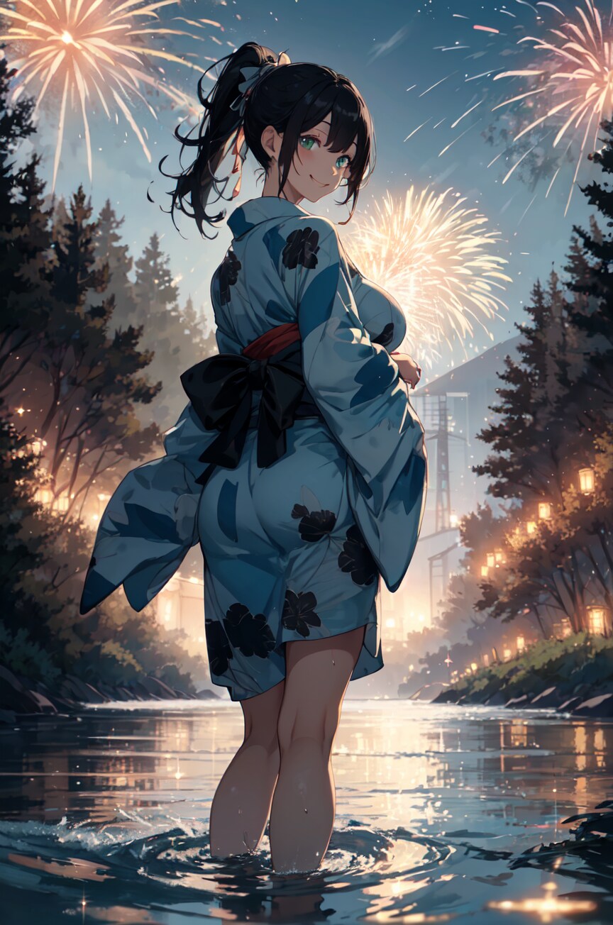 着物の彼女と花火鑑賞