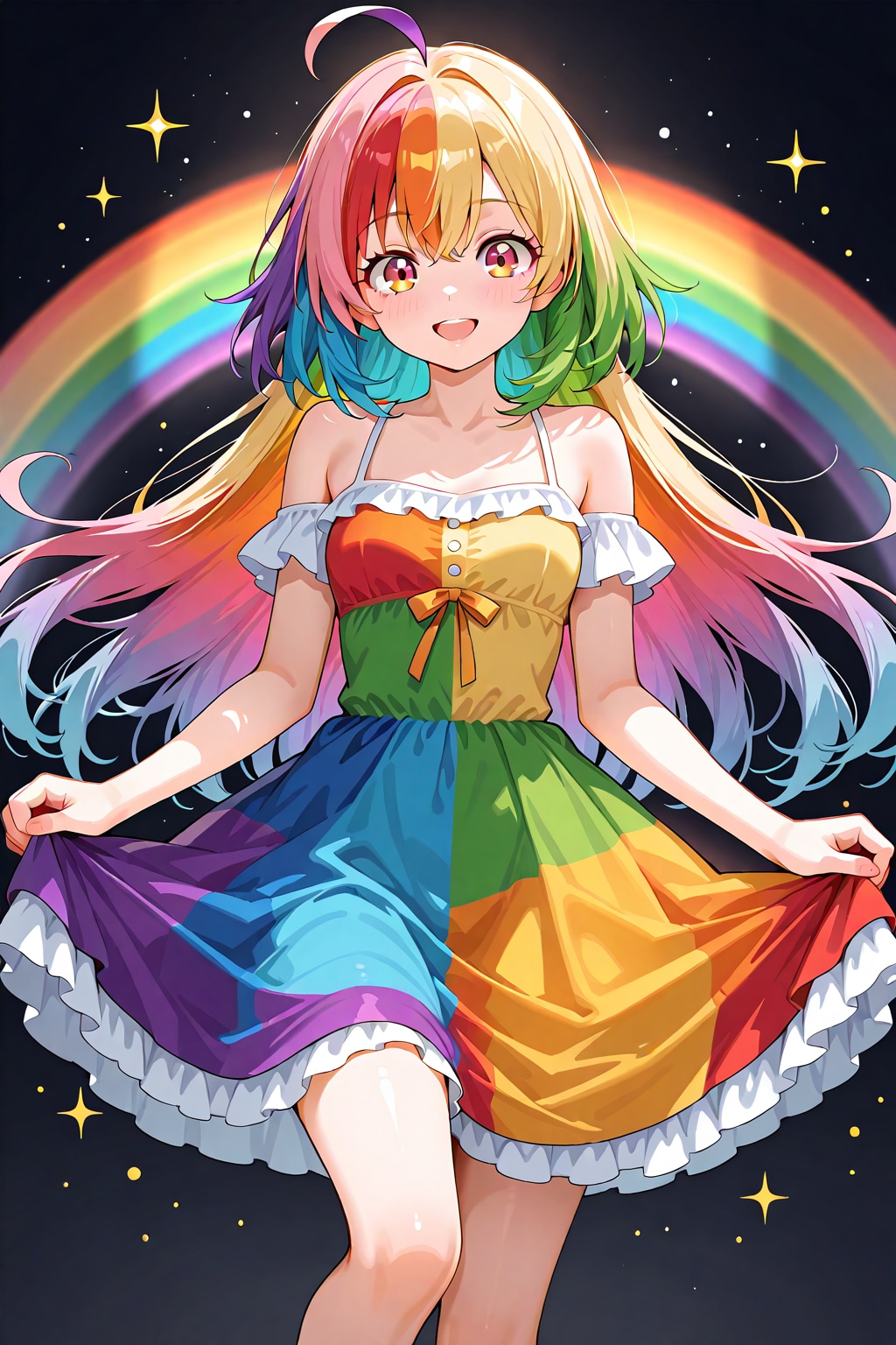 虹色のワンピースを着た虹色の髪の美少女
