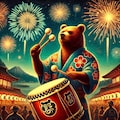 油絵、夏祭りで和太鼓を叩くヒグマ 5枚目