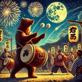 油絵、夏祭りで和太鼓を叩くヒグマ 8枚目