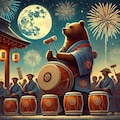 油絵、夏祭りで和太鼓を叩くヒグマ 7枚目