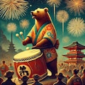 油絵、夏祭りで和太鼓を叩くヒグマ 6枚目