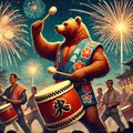 油絵、夏祭りで和太鼓を叩くヒグマ 2枚目