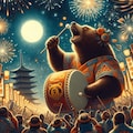 油絵、夏祭りで和太鼓を叩くヒグマ 3枚目