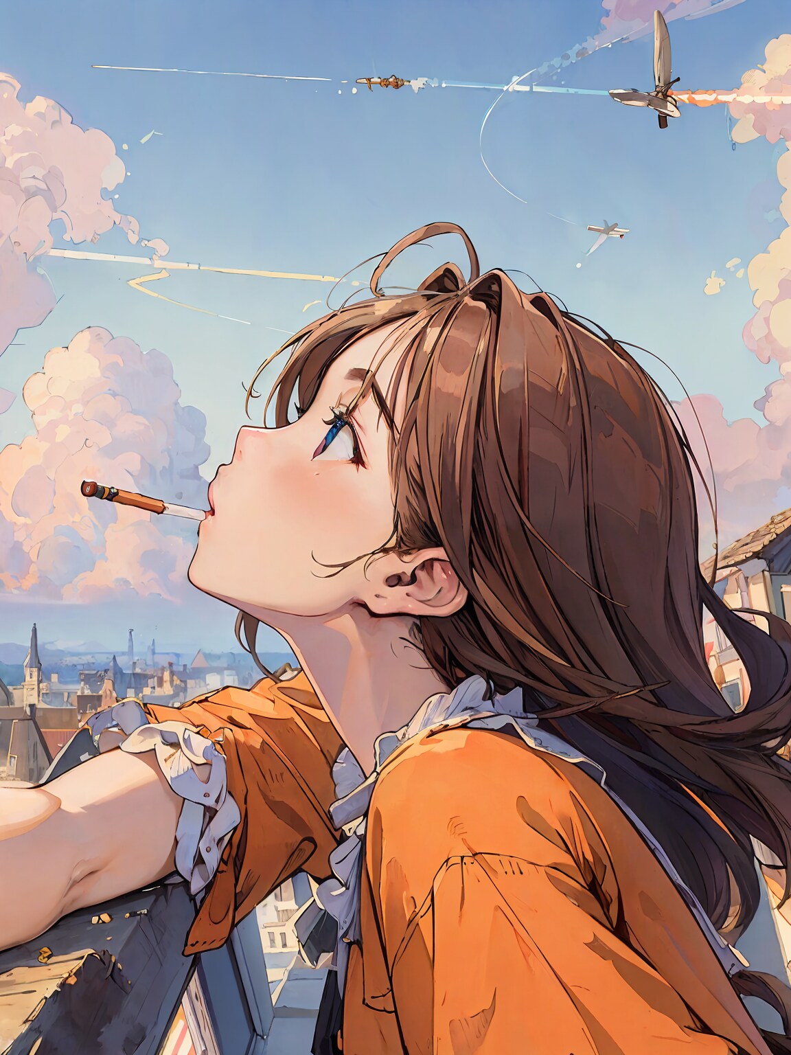 戦闘機３つ、飛行機雲４つ