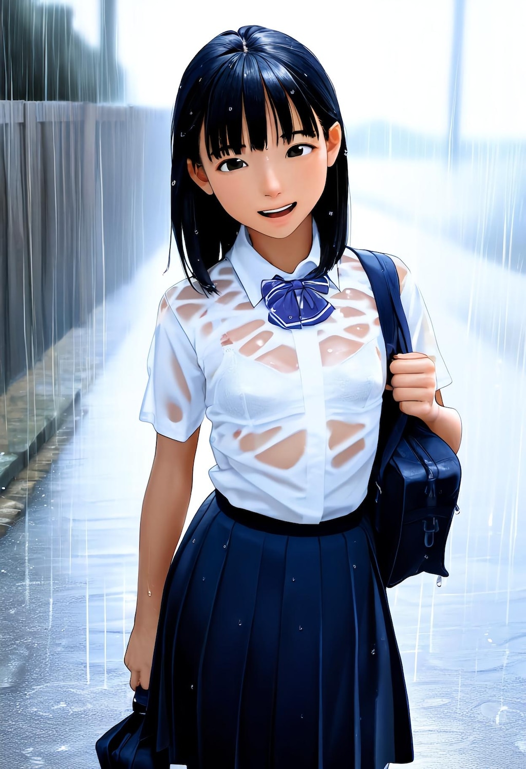 梅雨時によくある雨に濡れて下着がスケスケのJK