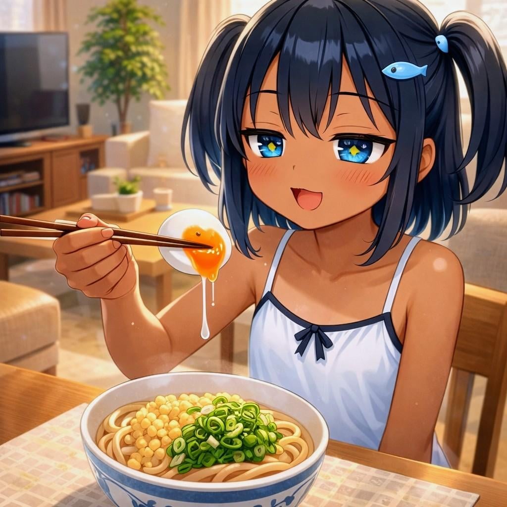 冷やしたぬきうどん(温玉のせ)を食べるこなつちゃん