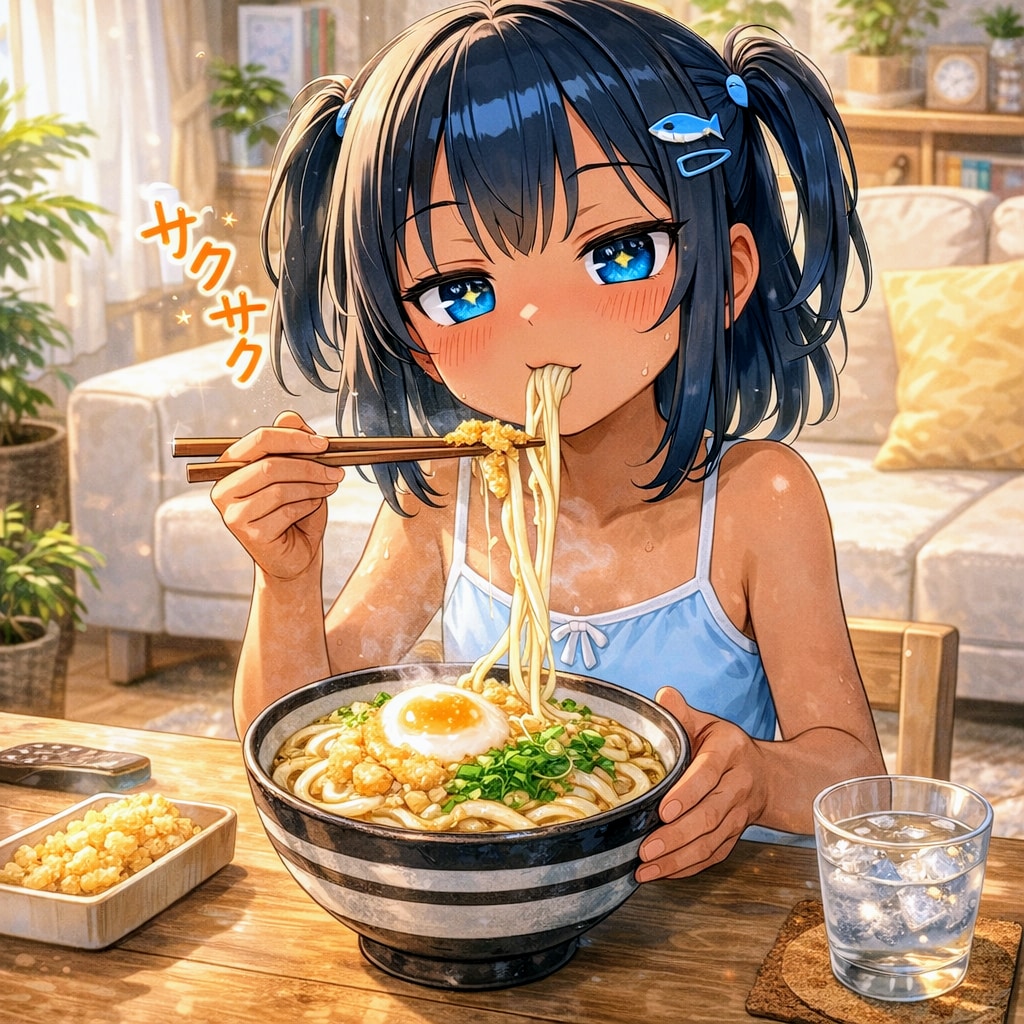 冷やしたぬきうどん(温玉のせ)を食べるこなつちゃん | の人気AIイラスト・グラビア
