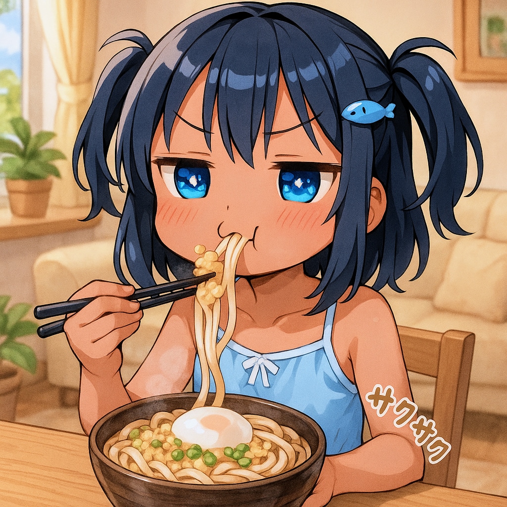 冷やしたぬきうどん(温玉のせ)を食べるこなつちゃん