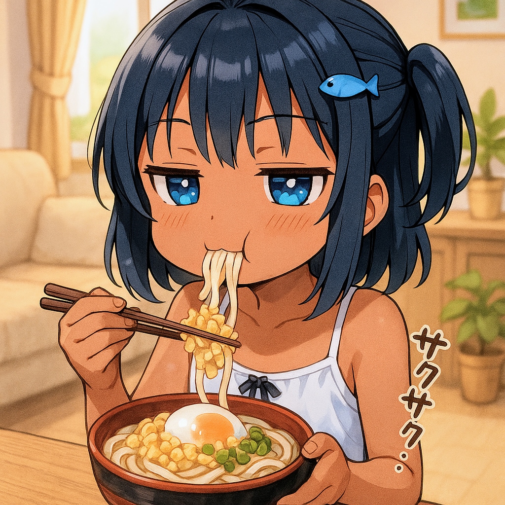 冷やしたぬきうどん(温玉のせ)を食べるこなつちゃん