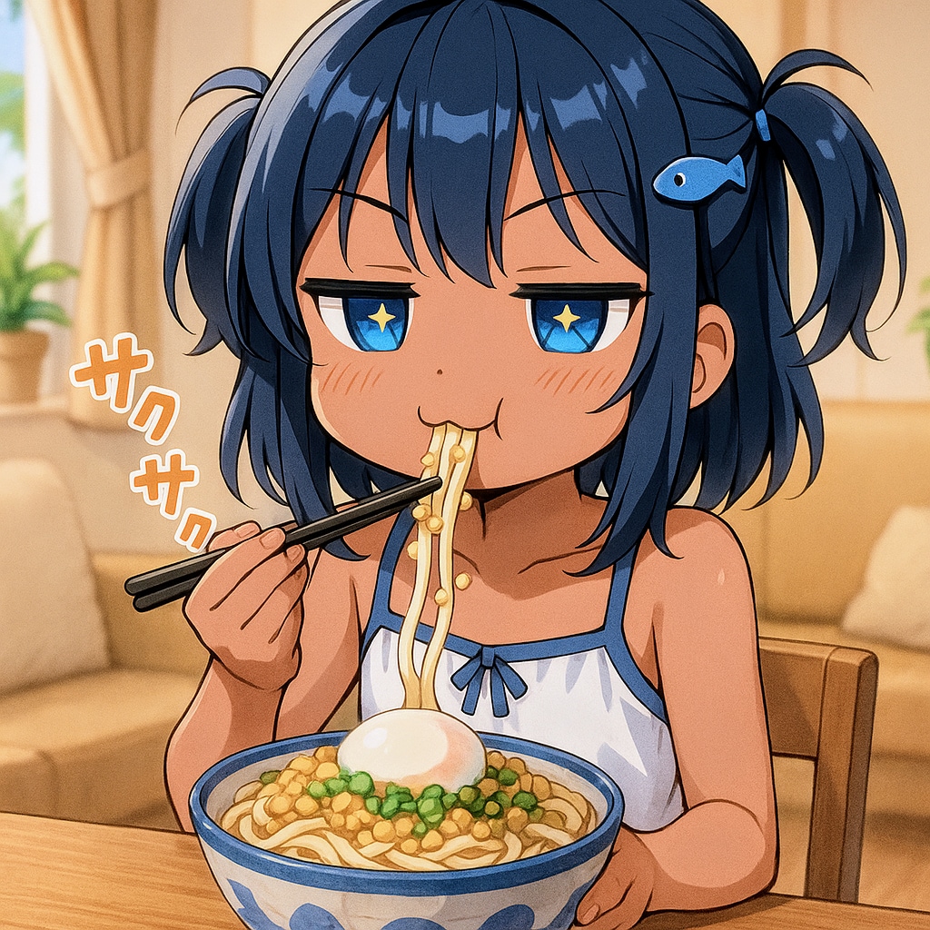 冷やしたぬきうどん(温玉のせ)を食べるこなつちゃん