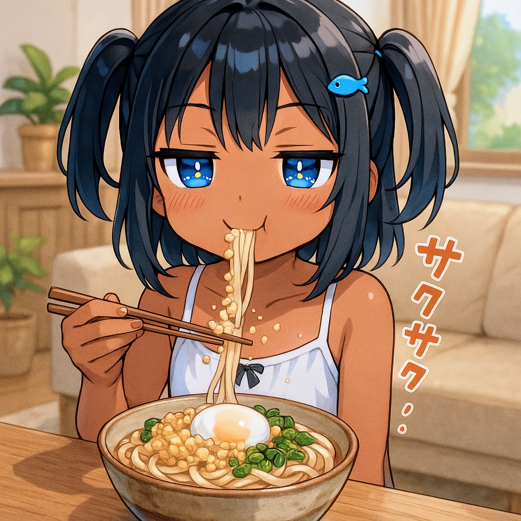冷やしたぬきうどん(温玉のせ)を食べるこなつちゃん