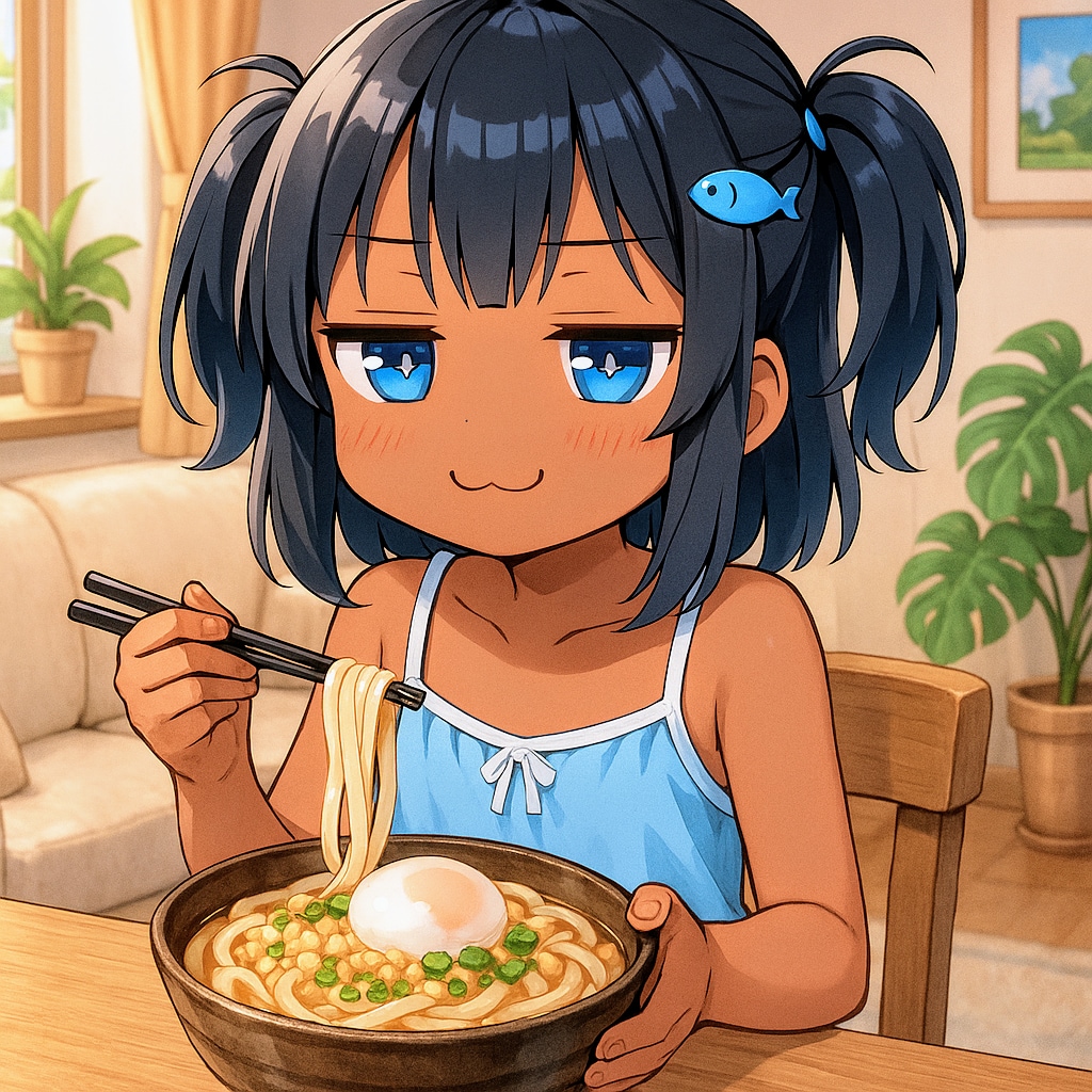 冷やしたぬきうどん(温玉のせ)を食べるこなつちゃん