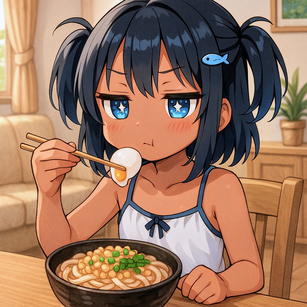 冷やしたぬきうどん(温玉のせ)を食べるこなつちゃん