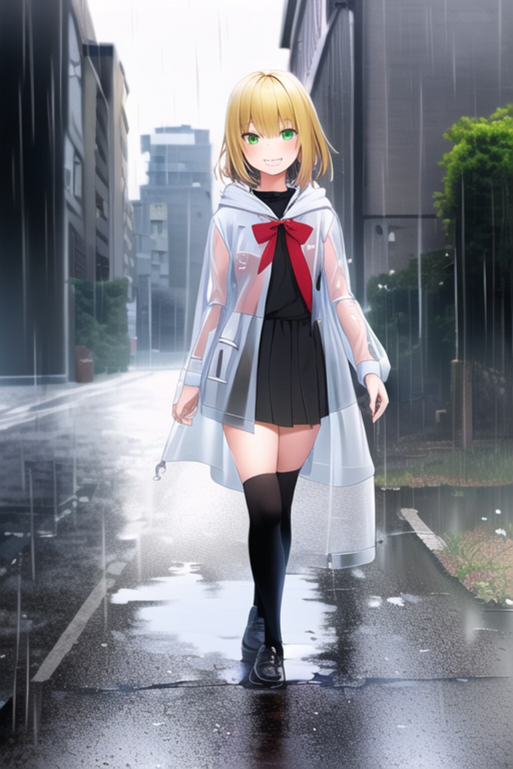 レインコートで散歩の金髪サイドテールちゃん