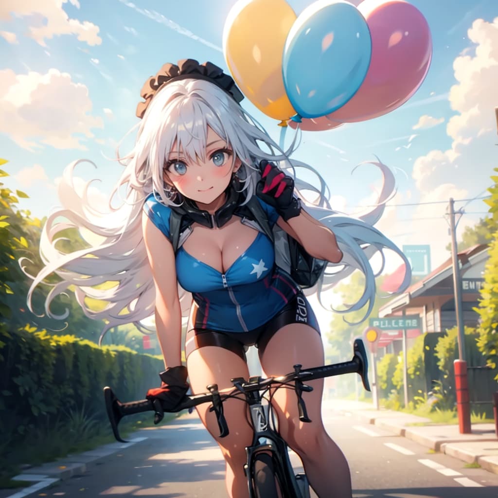 いっぱい色とりどりの風船を持つ白い髪ロングオッドアイのロードバイク乗っている美女