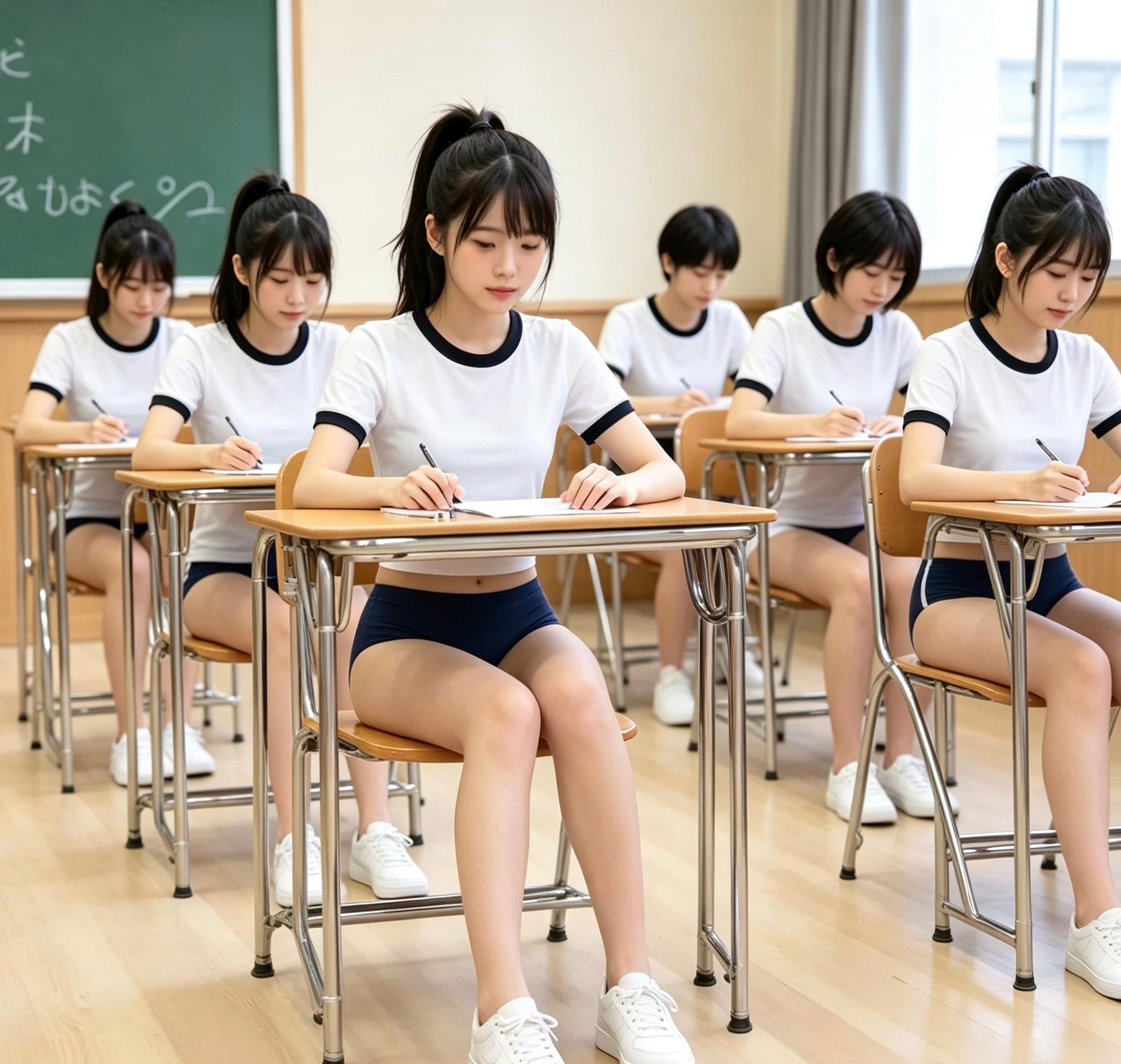 学校で体操服で授業受けるお姉さんたち