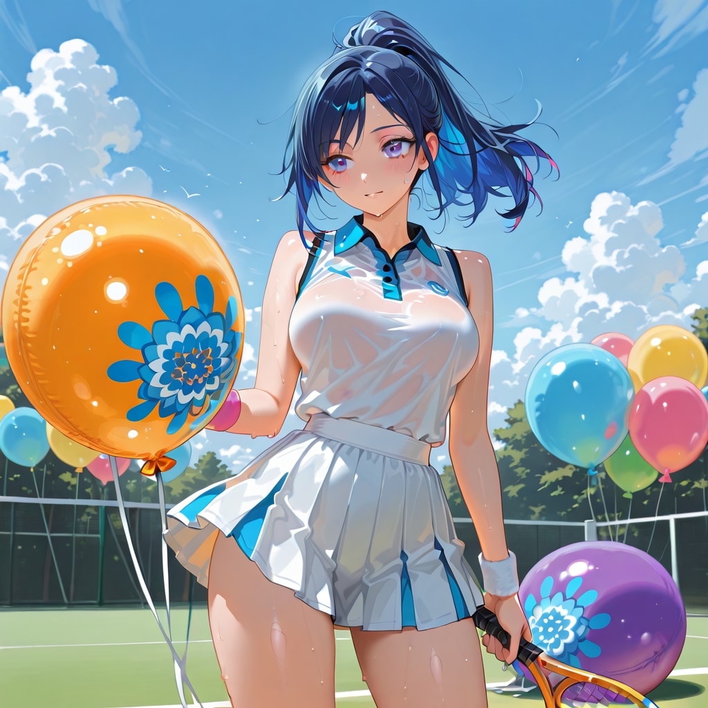 いっぱい色とりどりの風船を持つ青い髪ポニーテールのテニスウェア着た美女